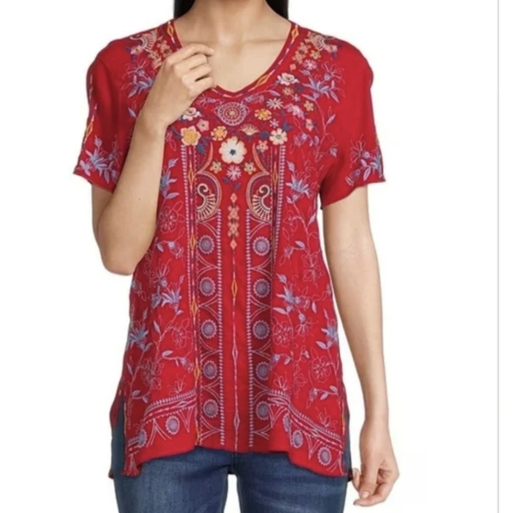 John Mark-Floral Print Short sleeve V-Neck Embroidered Tunic-size XL